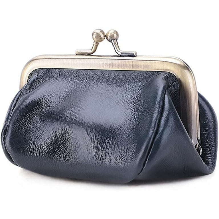 Cocopeanut Genuine Leather Clutch Bag for Women Kiss Lock Wallet Retro Coin Purse Coin Organizer Cute Purse, Adult Unisex, Size: Standard, Blue