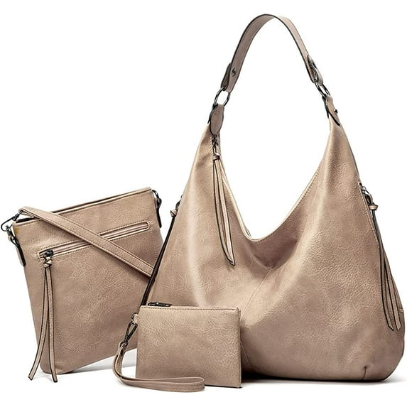 CoCopeanut Hobo Tote Bag for Women Fashion Handbag Faux Leather Shoulder Bag Zipper Closure Crossbody Bag Tassel Purse Set 3pcs