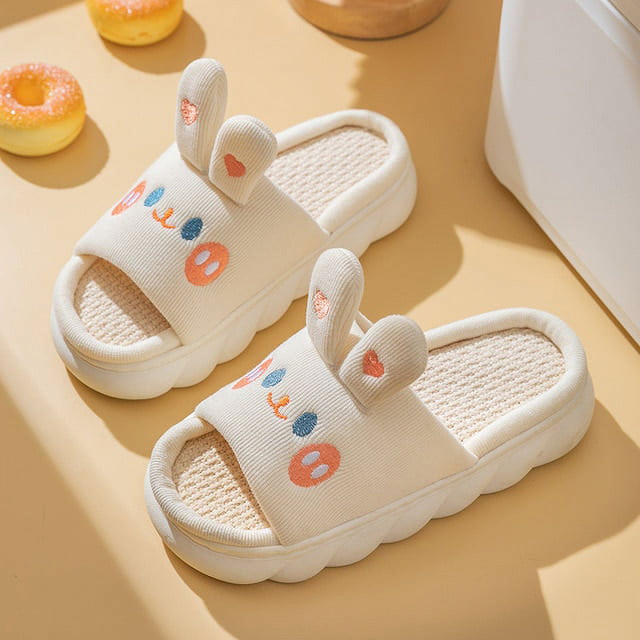 Cute Cartoon Linen Slipper for Womens Kawaii RabbitClouds Shoes Female  Design Cozy Shoes Slides Spring Platform Couples Sandals