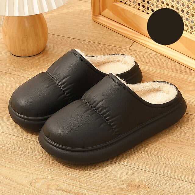 Waterproof Leather Slippers Men Indoor Shoes Home Slippers Soft Bottom  Footwear Non-Slip Winter Warm Plush Cotton Women Slippers