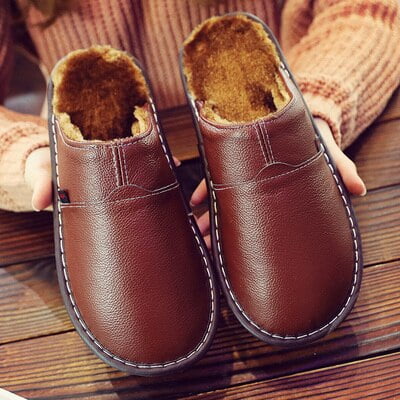 Waterproof Leather Slippers Men Indoor Shoes Home Slippers Soft Bottom  Footwear Non-Slip Winter Warm Plush Cotton Women Slippers