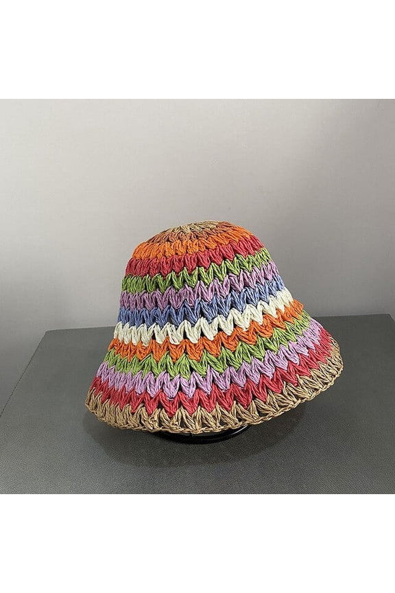 New 2022 Womens Straw Rainbow Splicing Hats Cool Panamas UV Protection Sun Visor Beach Hats Women Visors Foldable Female Sun Hat