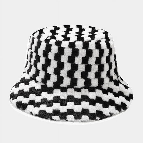 CoCopeanut New Artificial Rabbit Hair Fisherman Hat Winter Lattice Hats Women Black Plaid Hats Female Tweed Plaid Bucket Hats Ladies Panama