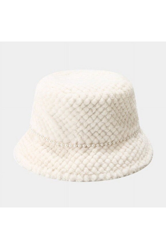 New Fine Lattice Hats for Women Autumn Winter Pearl Bucket Hats Lamb Plush Soft Warm Fisherman Hat Panama Casual Caps Lady Flat