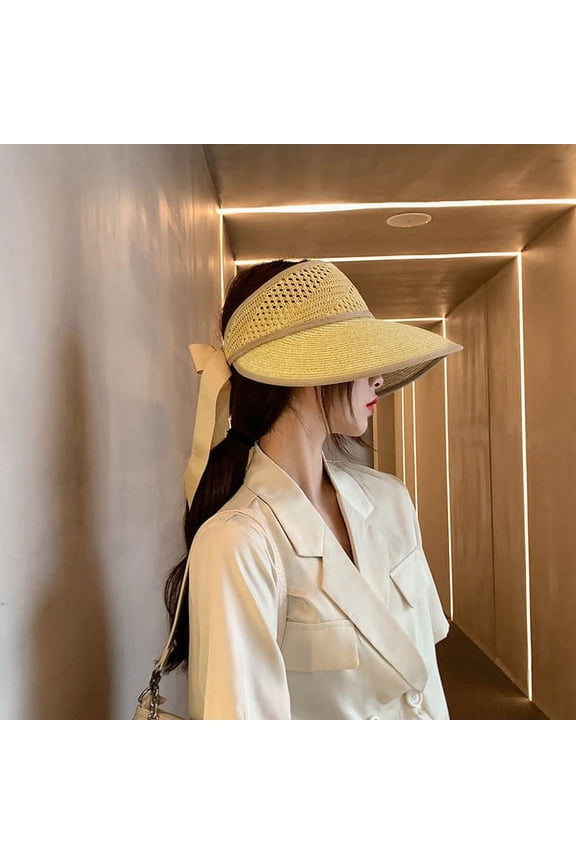 New Summer Adjustable Ribbon Empty Top Straw Hats for Women Foldable Wide Large Brim Beach Hat Chapeau Protection Cap