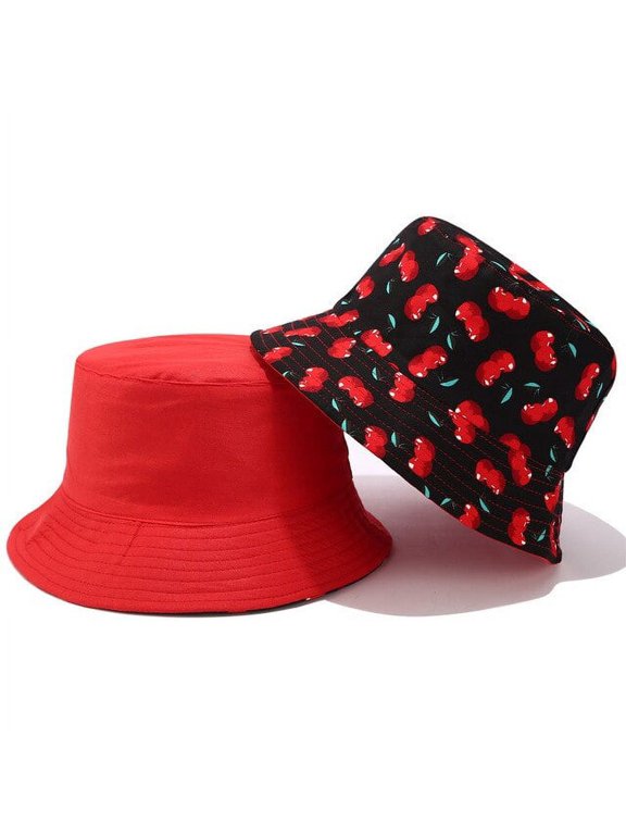 Popular Female Panama Cherry Double-Sided Bucket Hat Women Girls Foldable Outdoor Chapeau Sun Prevent Hats Cotton Fisherman Cap