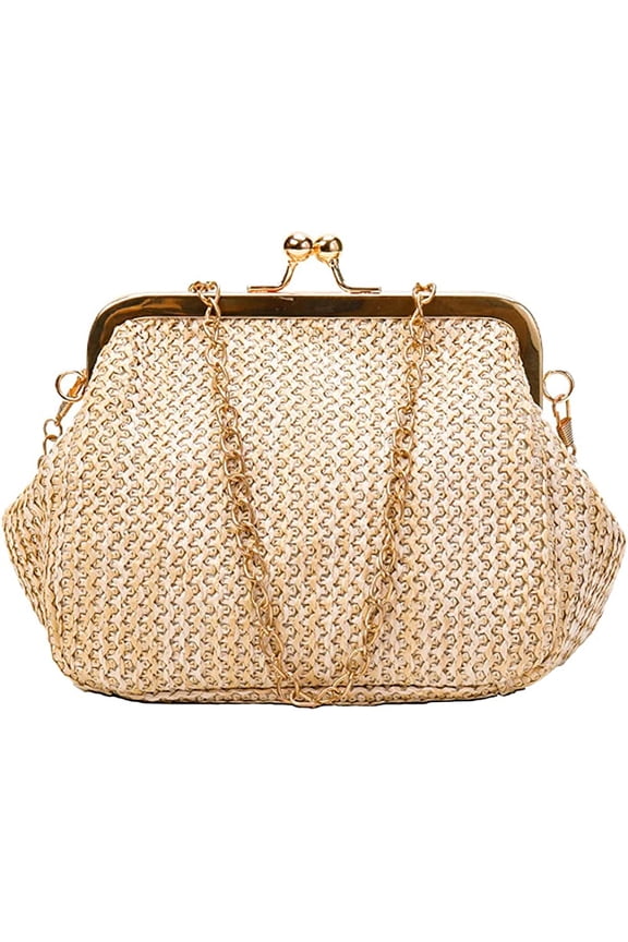 Retro Hollow Handbag for Women Straw Shoulder Bag Evening Clutch Bag Kiss Lock Closure Crossbody Bag Purse