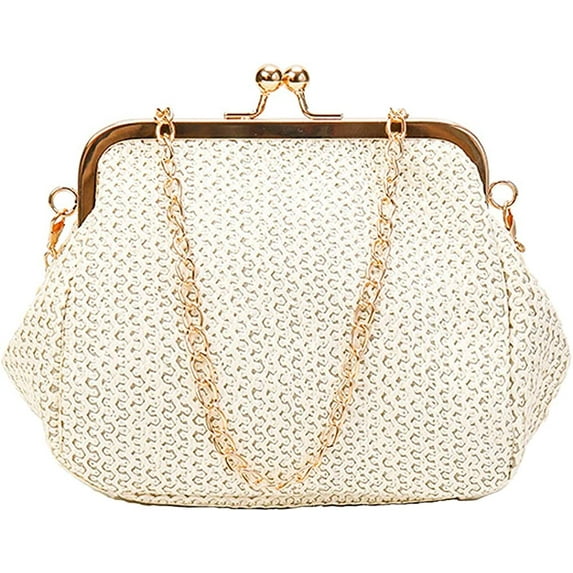 CoCopeanut Retro Hollow Handbag for Women Straw Shoulder Bag Evening Clutch Bag Kiss Lock Closure Crossbody Bag Purse