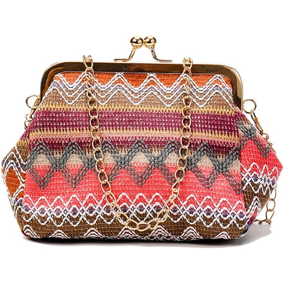 CoCopeanut Retro Hollow Handbag for Women Straw Shoulder Bag Evening Clutch Bag Kiss Lock Closure Crossbody Bag Purse