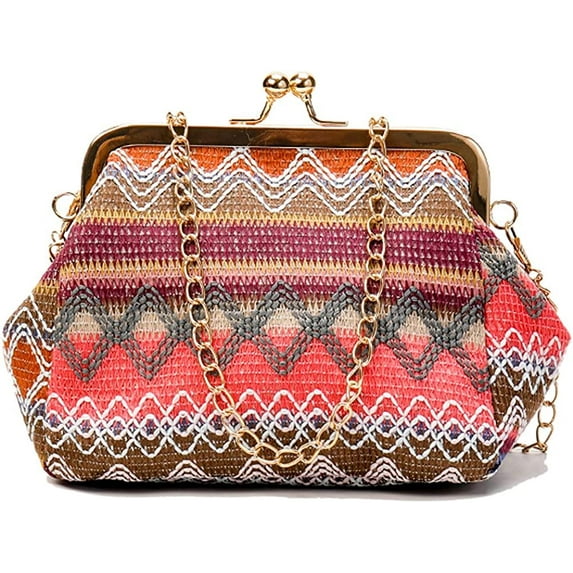 CoCopeanut Retro Hollow Handbag for Women Straw Shoulder Bag Evening Clutch Bag Kiss Lock Closure Crossbody Bag Purse