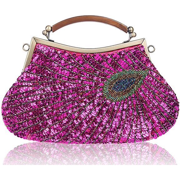 CoCopeanut Retro Peacock Handbag Sequin Clutch Bag Evening Shoulder Bag Wedding Crossbody Bag Top Handle Satchel Kiss Lock Purse