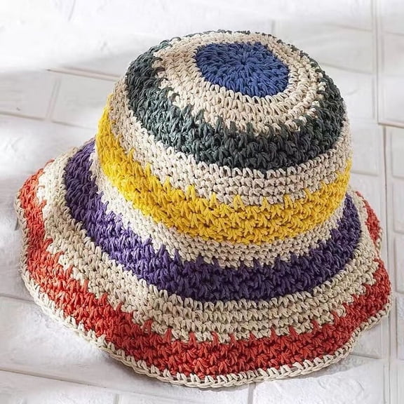 CoCopeanut Summer Travel Shade Rainbow Color Hat Floppy Straw Hat Women Ladies Wide Brim Beach Foldable Straw Sun Hat Sun Cap
