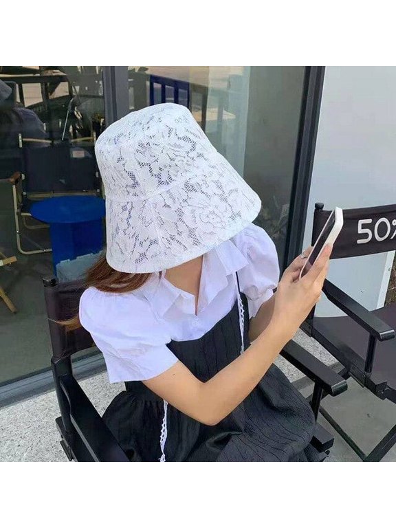 Women Bucket Hat Women Summer Floral Lace Beach Hat Holiday Sun Visor Strap Adjustable Wide Brim Floppy Hat Girl Panama Elegant