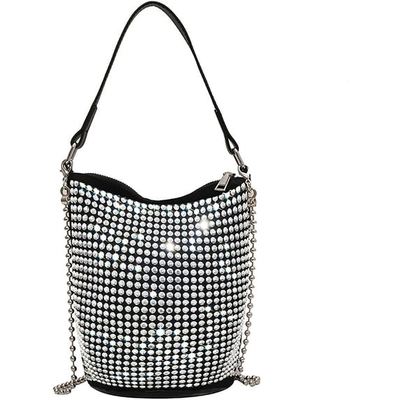CoCopeanut Women Chic Rhinestone Evening Purse Small Bucket Hobo Bag Bling Black Luxury Bags for Women Sparkly Handbag for Prom Party