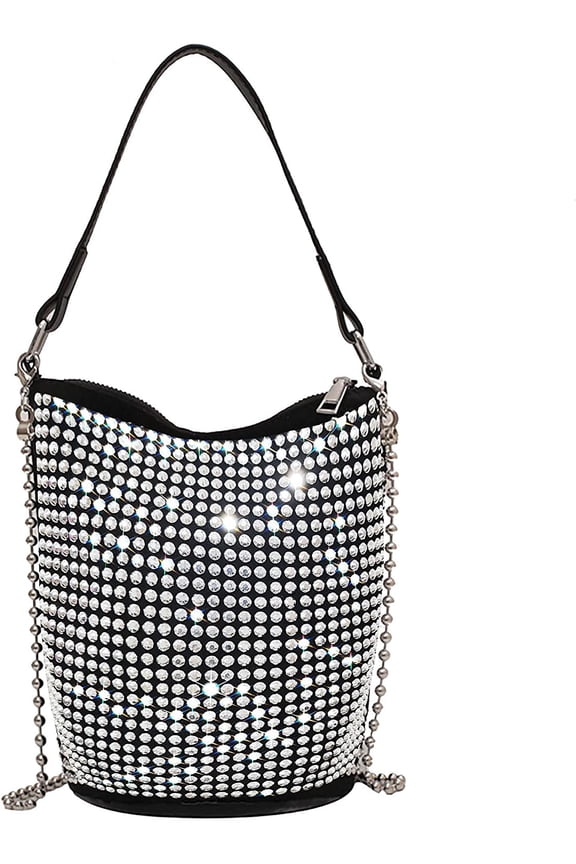 Women Chic Rhinestone Evening Purse Small Bucket Hobo Bag Bling Black Luxury Bags for Women Sparkly Handbag for Prom Party