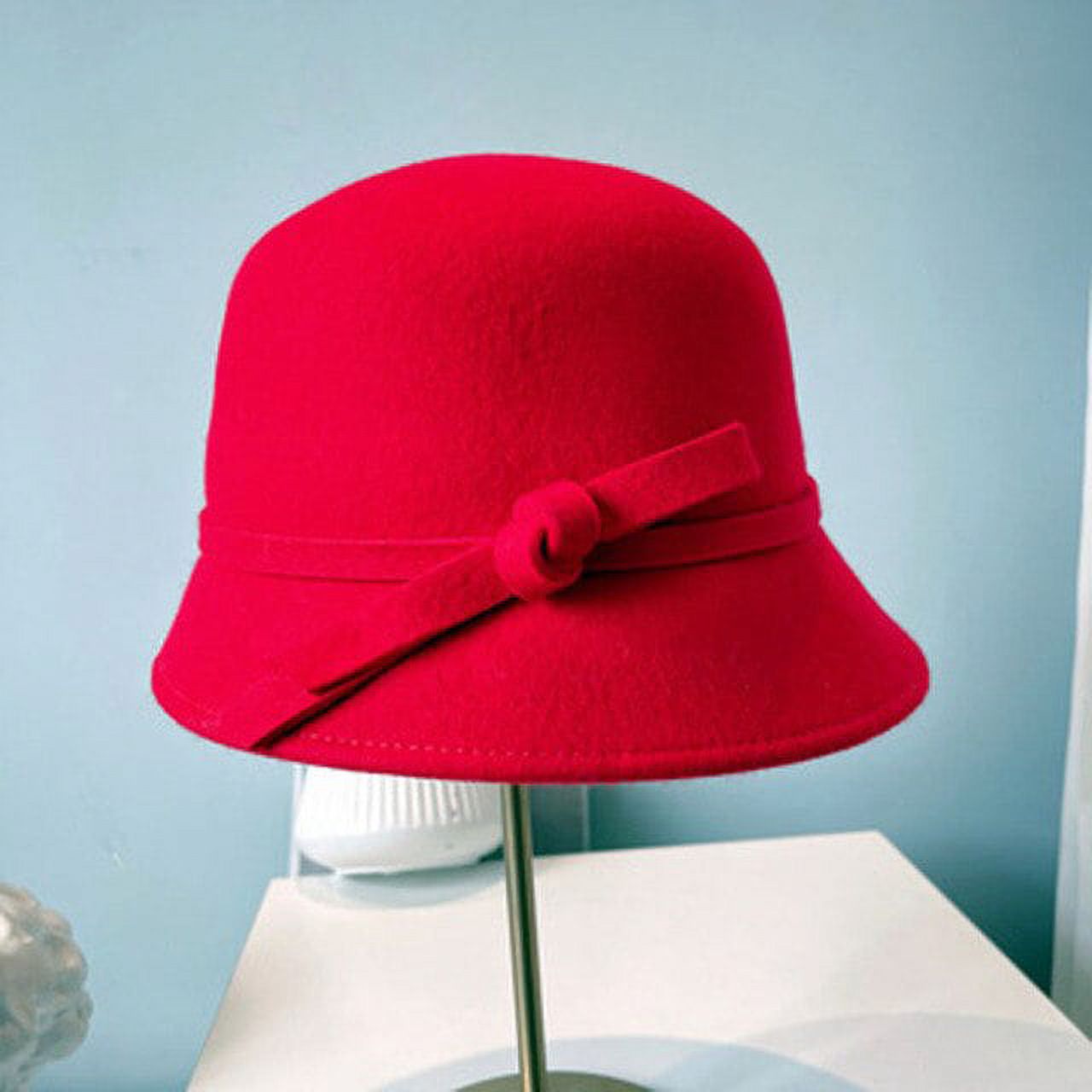 Vintage Red Wool Felt Hat with Bow NEW Vintage Black Wool Felt Hat Red Polka Dot Bow Ribbon  main image 3