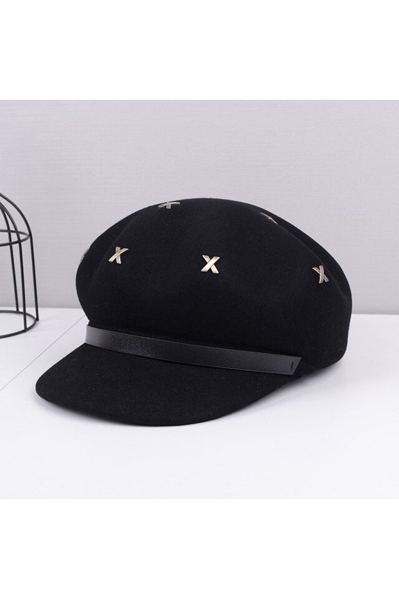 Autumn And Winter British Warm Wool Beret Women’S Fashion Wild Duck Cap Decoration Rivet Octagonal Cap Painter’S Cap