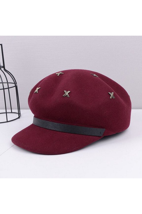 Autumn And Winter British Warm Wool Beret Women’S Fashion Wild Duck Cap Decoration Rivet Octagonal Cap Painter’S Cap