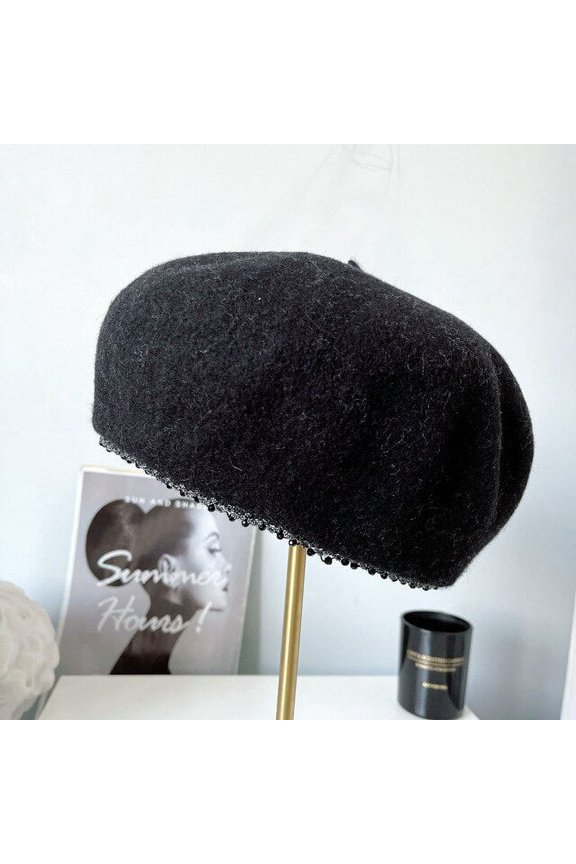 Beret With Diamond Chain Edge, Autumn And Winter Warm Australian Wool Painter Cap, Solid Color, All-Purpose Stewardess Cap
