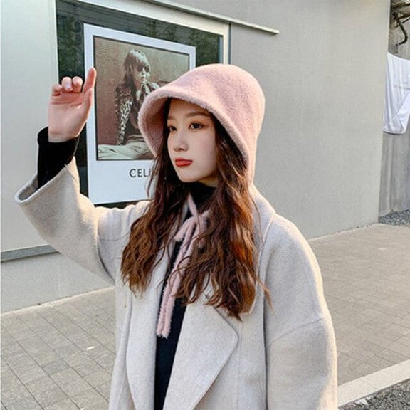 CoCopeaunt Big Head Scarf Hat, Women Autumn And Winter Plush Knit Fisherman Hat 60CM Foldable Retro Fashion