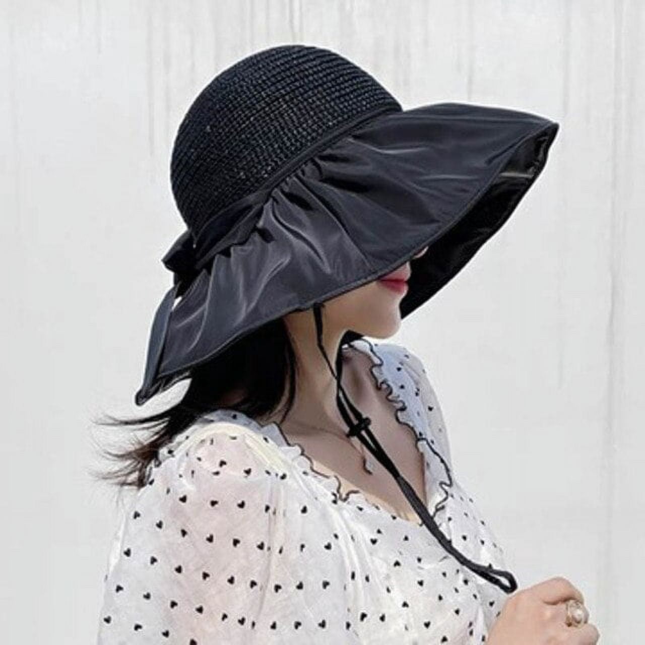 CoCopeaunt Black Glue Bow Sunshade Hat Woman Summer Hollow Straw