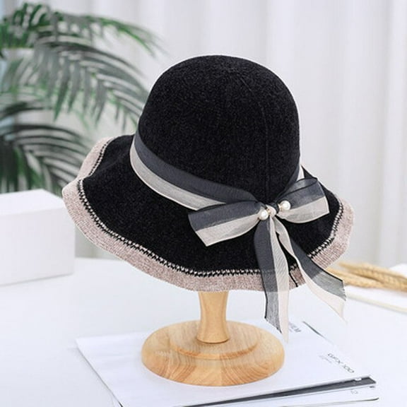 CoCopeaunt Chenille Fisherman Cap Ladies Fall And Winter Basin Cap Matching Color Folding Pearl Ribbon Knit Cap