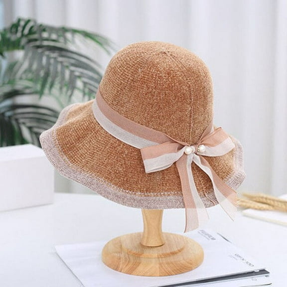 CoCopeaunt Chenille Fisherman Cap Ladies Fall And Winter Basin Cap Matching Color Folding Pearl Ribbon Knit Cap