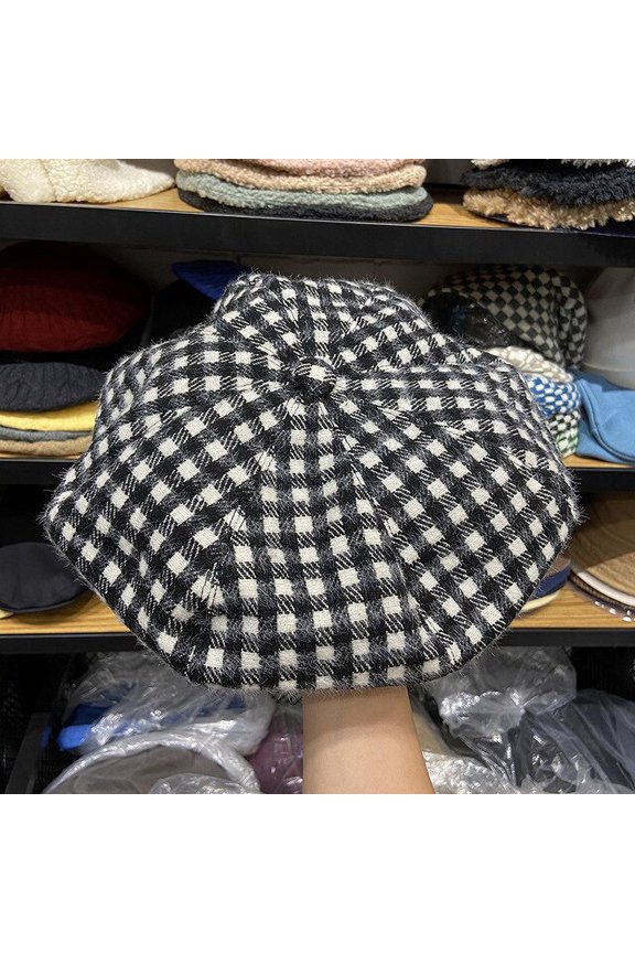 Chessboard Ge Beret Hat, Female Autumn And Winter Fashion Check Octagonal Hat, Japanese Face Painter Hat Fashion