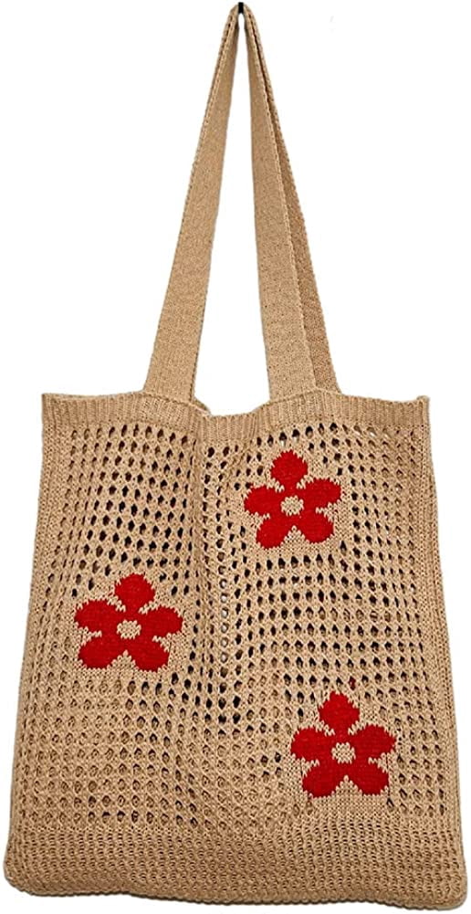 CoCopeaunt Crochet Bags for Women Knitted Tote Bag Faircore Hobo Bag Aesthetic Fairy Grunge Tote Bag Hollow Shoulder Handbags