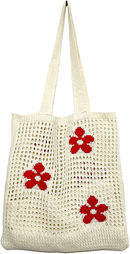 CoCopeaunt Crochet Bags for Women Knitted Tote Bag Faircore Hobo Bag Aesthetic Fairy Grunge Tote Bag Hollow Shoulder Handbags