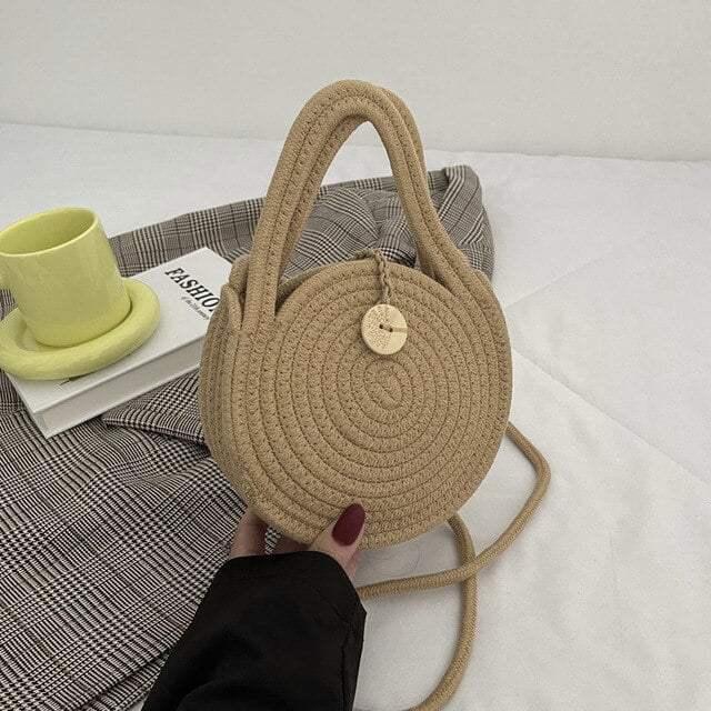 Small Round Raffia Bags with Leather Handle and Closure