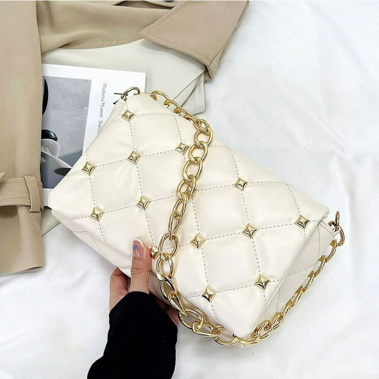 White Leather Quilted Bag Flap Crossbody Tote Chain Bag for Dress