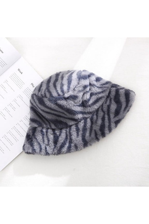 Hat Woman Winter Fashion Zebra Pattern Fisherman Hat Plush Warm South Korean Plate Basin Hat, Face Small Japanese Bucket Hat