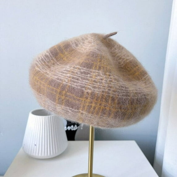 CoCopeaunt Japanese Angora Rabbit Wool Blend Beret Women Art Ice Crack Stripe Painter Cap Mixed Color Air Hostess Cap