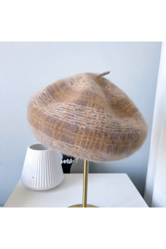 Japanese Angora Rabbit Wool Blend Beret Women Art Ice Crack Stripe Painter Cap Mixed Color Air Hostess Cap
