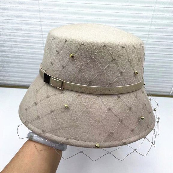 CoCopeaunt Japanese Mesh Beading Hepburn Flat Top Hat Simple Fashion English Style Wool Felt Hat Lady Wide Brim