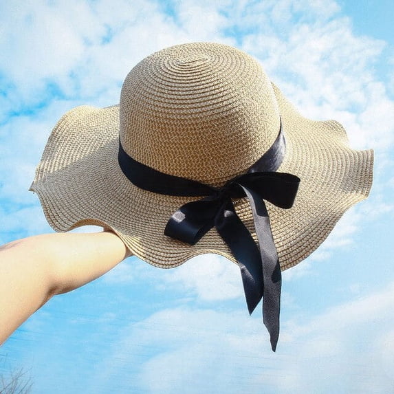 CoCopeaunt Korean Edition Lady’S Straw Hat With Black Belt, Wave Brim, Sun Hat, Big Brim, Beach Sun Hat