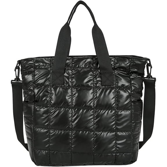 CoCopeaunt Large Quilted Tote Bag with Zip for Women Lightweight Winter Down Cotton Padded Plaid Shoulder Bags Quilted Bags Down Padding Handbags