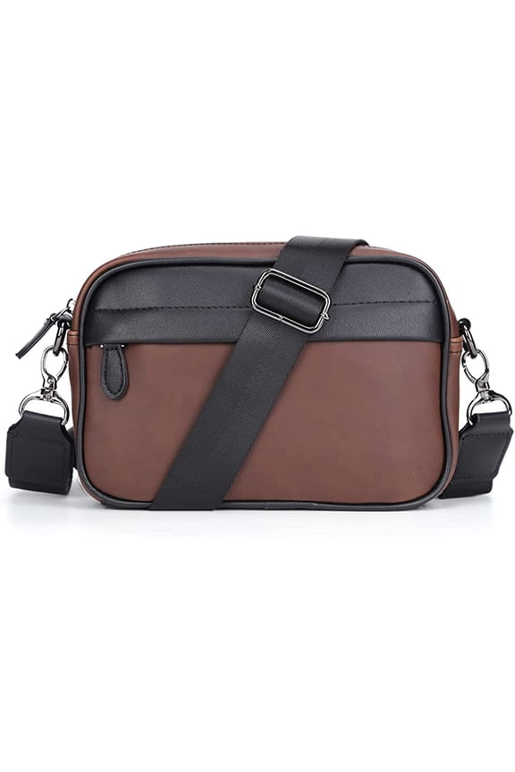Leather Crossbody Bag for Men Women Muiti-pocket Side Bag Crossbody Purse Wide Strap Shoulder Bag Camera Purse Top Zip