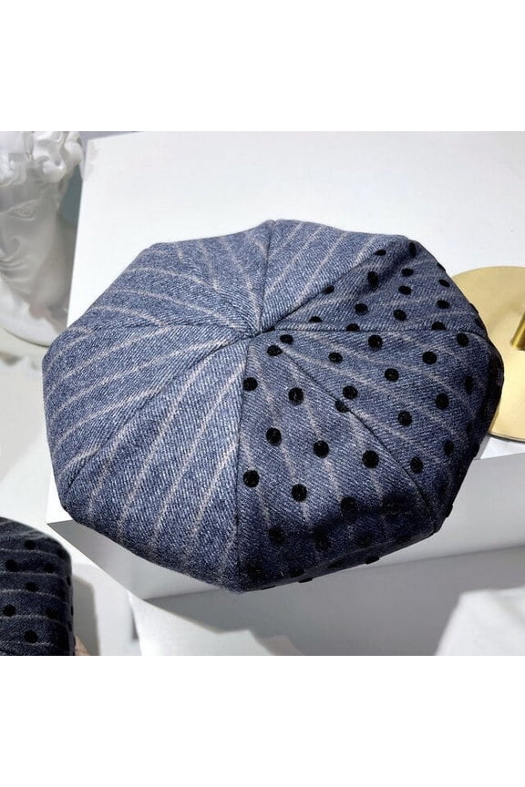 Light Luxury Self-Heating Material Striped Beret Hat, Female Autumn And Winter Painter’s Hat Saucy Net Polka Dot Stewardess Hat