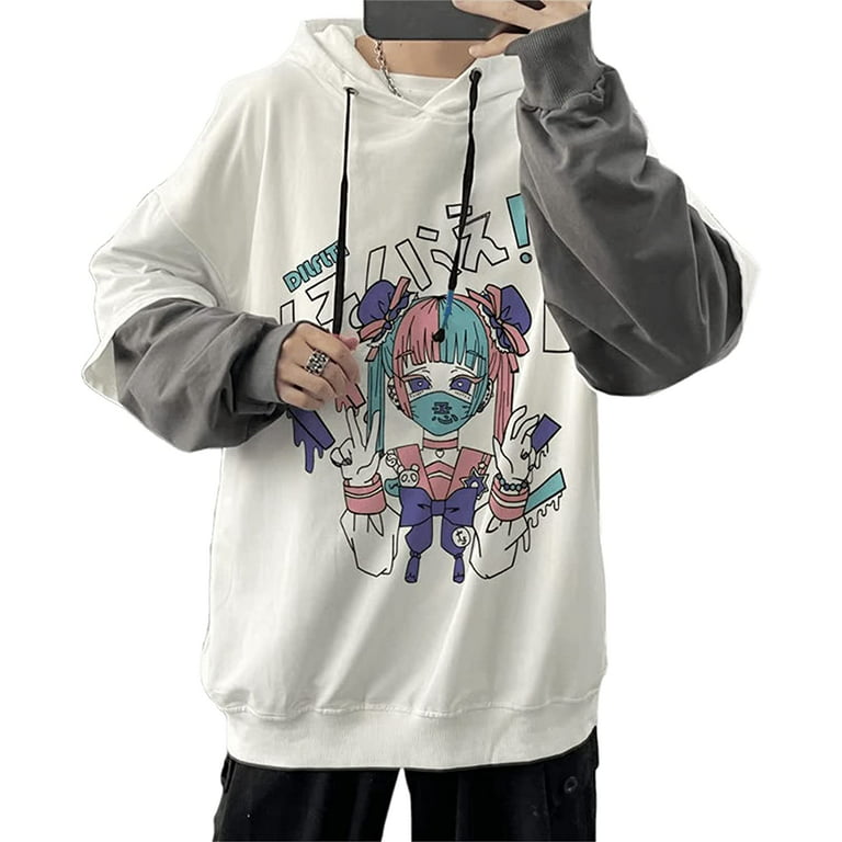 CoCopeaunt Men Y2K Harajuku Hoodie Kawaii Japanese Manga Aesthetic Fake Two  Piece Sweatshirt Anime Preppy Oversize Cute Pullover Tops 
