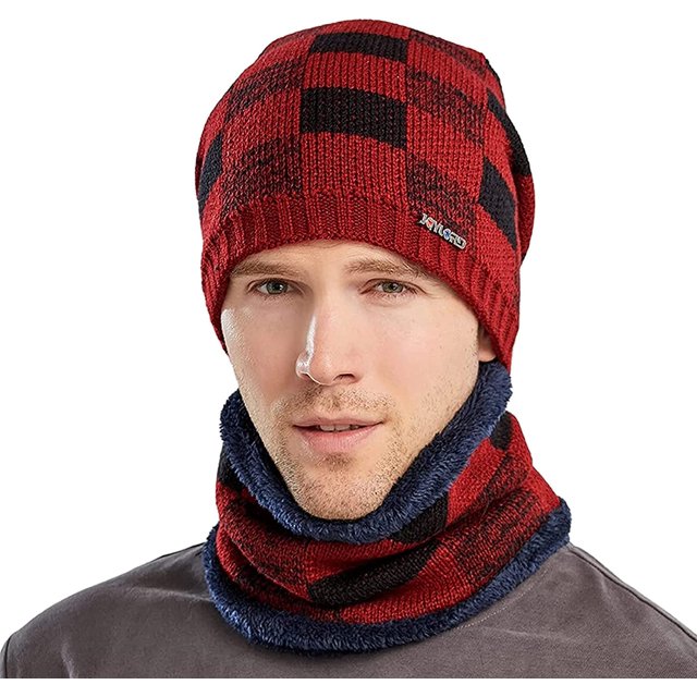 CoCopeaunt Men Winter Hat Scarf Set Buffalo Plaid Check Warm Knit Thick Beanie Scarves Skull Cap