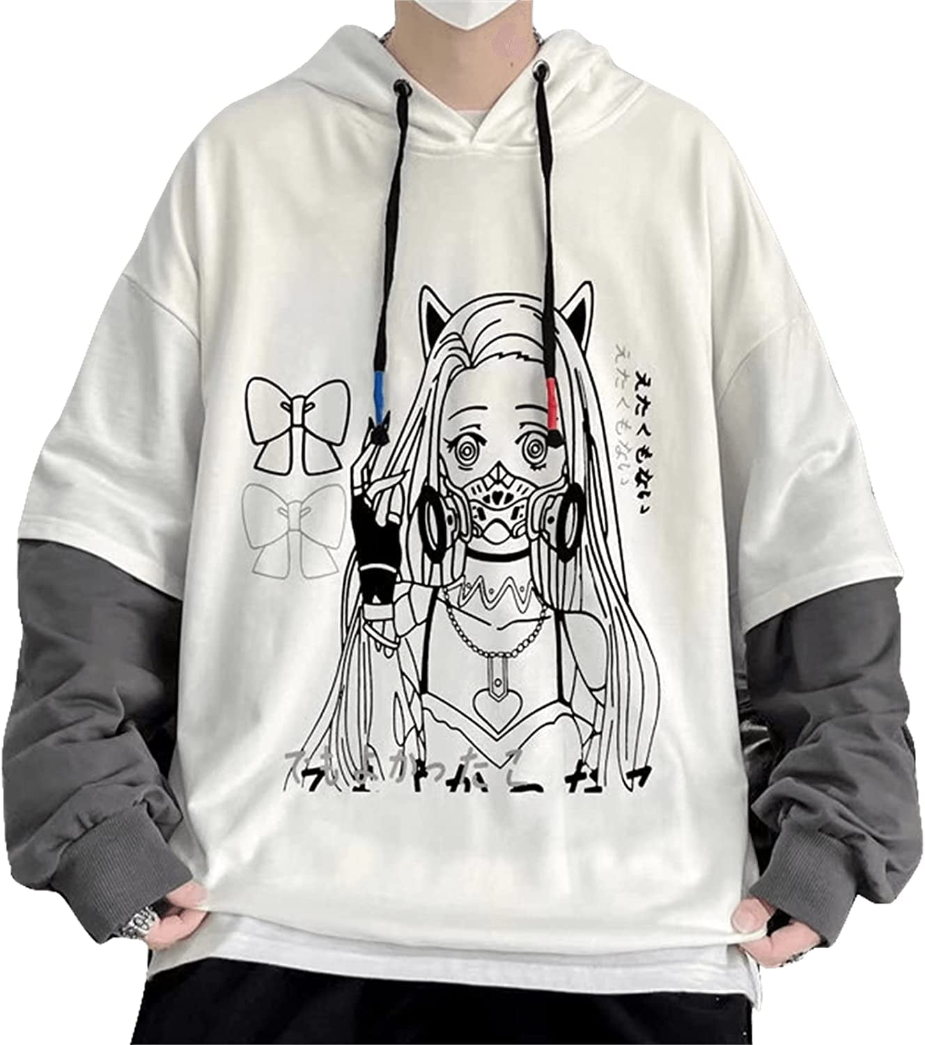 CoCopeaunt Men Y2K Harajuku Hoodie Japanese Anime Manga Print Fake Two Piece  Aesthetic Hooded Sweatshirt Cartoon Street Pullover 