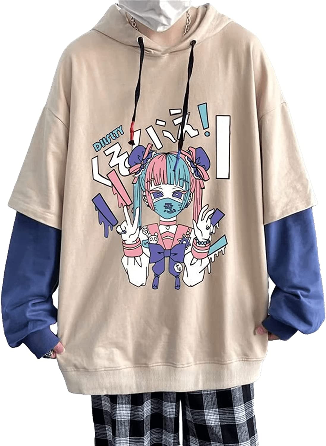 CoCopeaunt Men Y2K Harajuku Hoodie Japanese Anime Manga Print Fake Two Piece  Aesthetic Hooded Sweatshirt Cartoon Street Pullover 