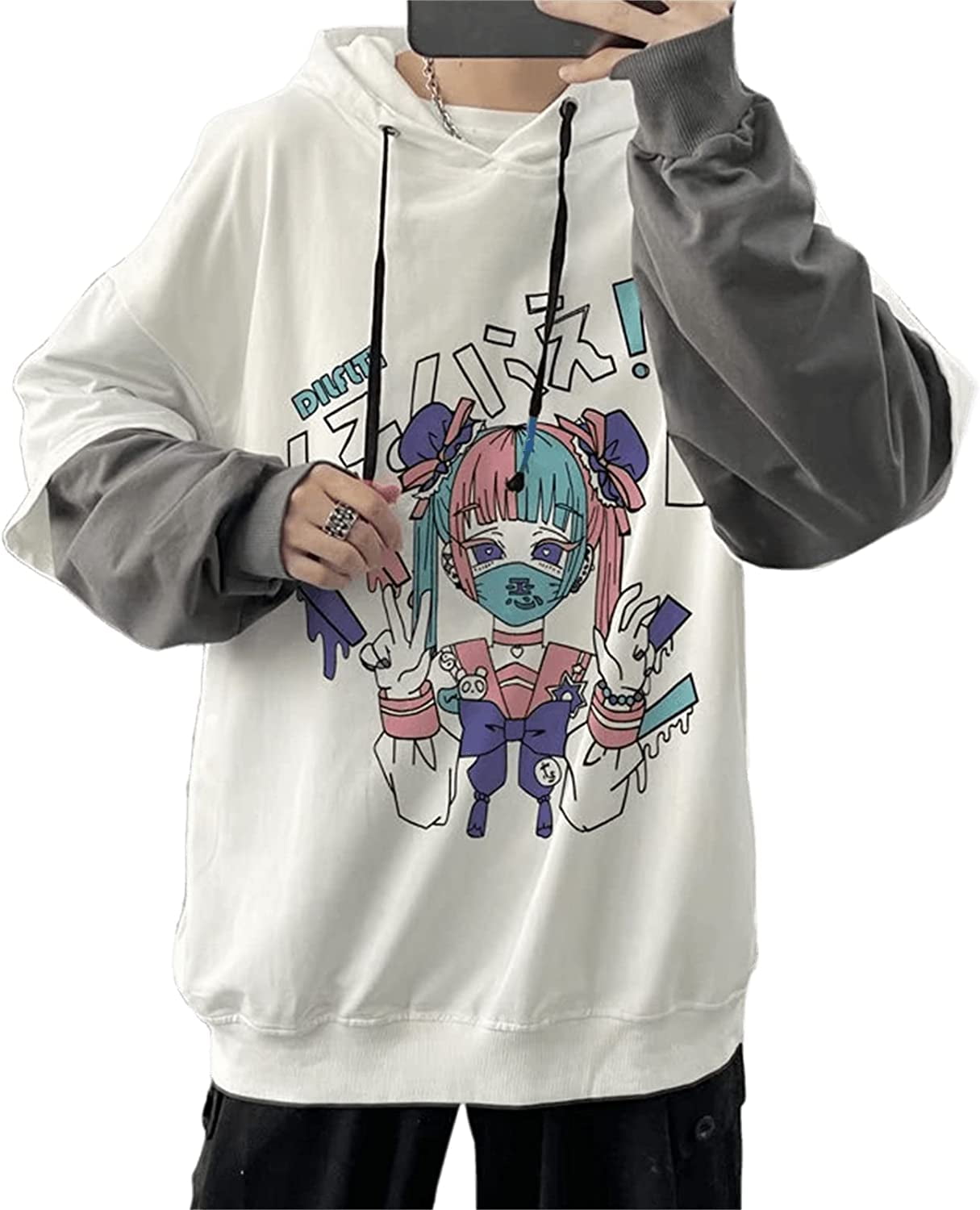 CoCopeaunt Men Y2K Harajuku Hoodie Japanese Anime Manga Print Fake Two Piece  Aesthetic Hooded Sweatshirt Cartoon Street Pullover 