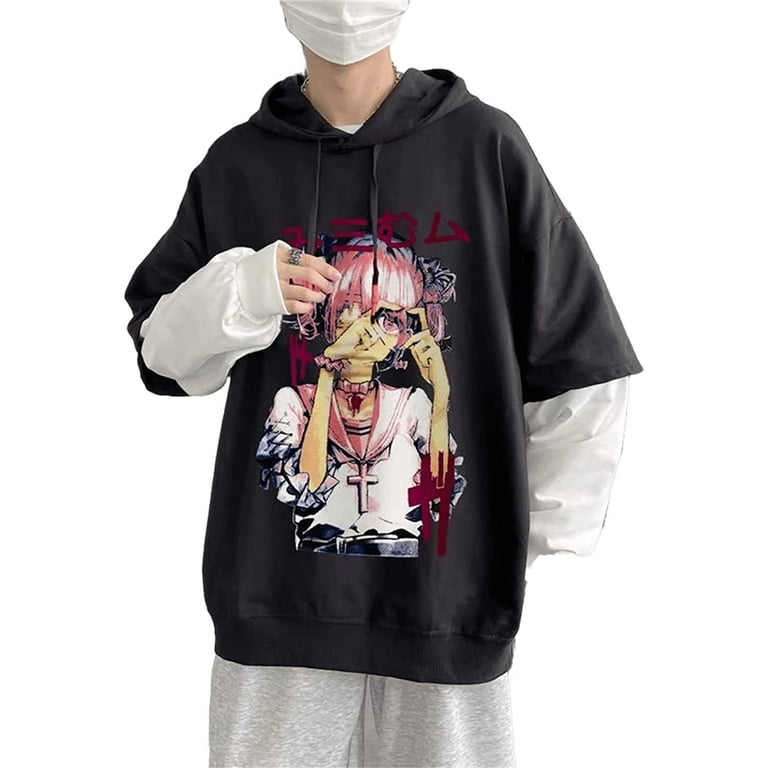 CoCopeaunt Men Y2K Harajuku Hoodie Kawaii Japanese Manga Aesthetic Fake Two  Piece Sweatshirt Anime Preppy Oversize Cute Pullover Tops 