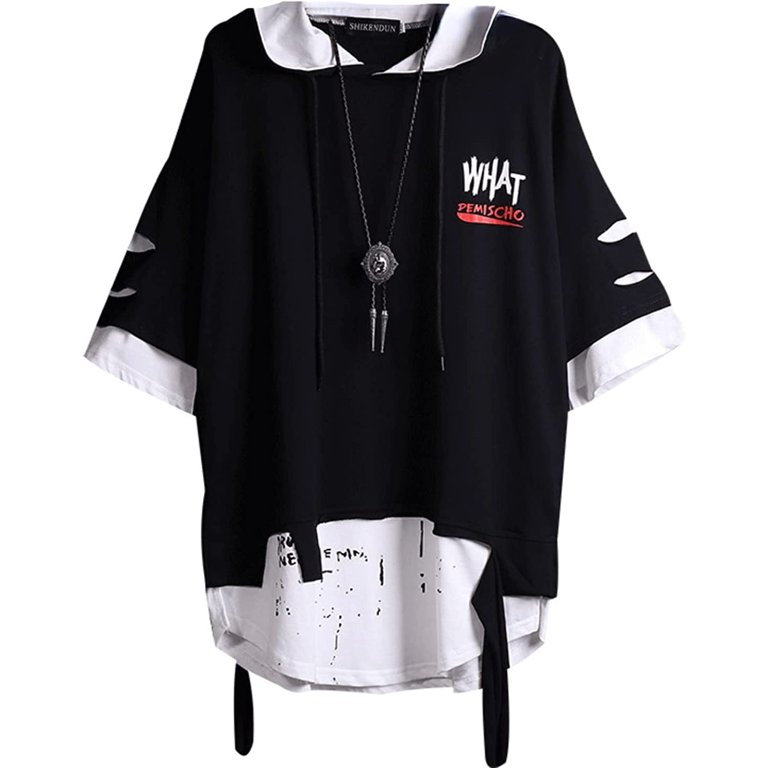 CoCopeaunt Men Y2K Ripped T-Shirt Harajuku Streetwear Hip Hop Punk Fake Two  Piece Techwear Short Sleeve Shirt Japanese Retro Alt Hoodie