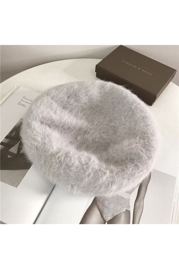 Pure Color With Thick Long Rabbit Hair Beret Hat, Female Autumn And Winter Warm Painter Cap Rabbit Hair Retro Bud Cap