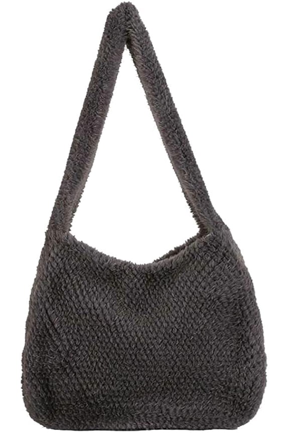 Quilted Shoulder Bag Women Fuzzy Plush Round Handbag Fashion Cozy Hobo Bag