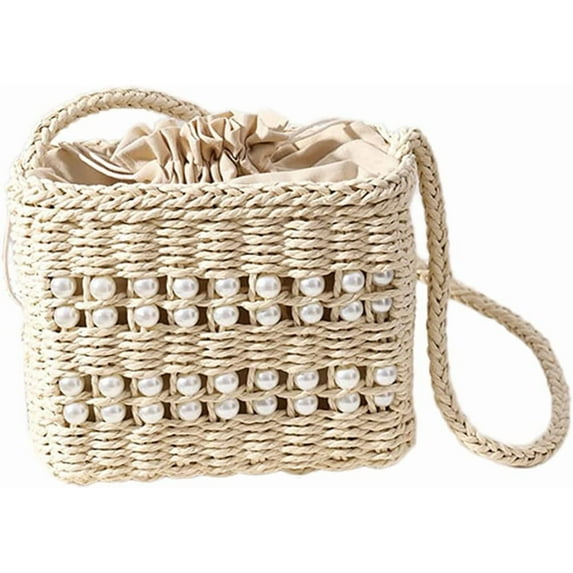 CoCopeaunt Straw Bags for Women, Pearl Crossbody Purses Shoulder Straw Handbag Vintage Handwoven Bag Summer Beach Bag